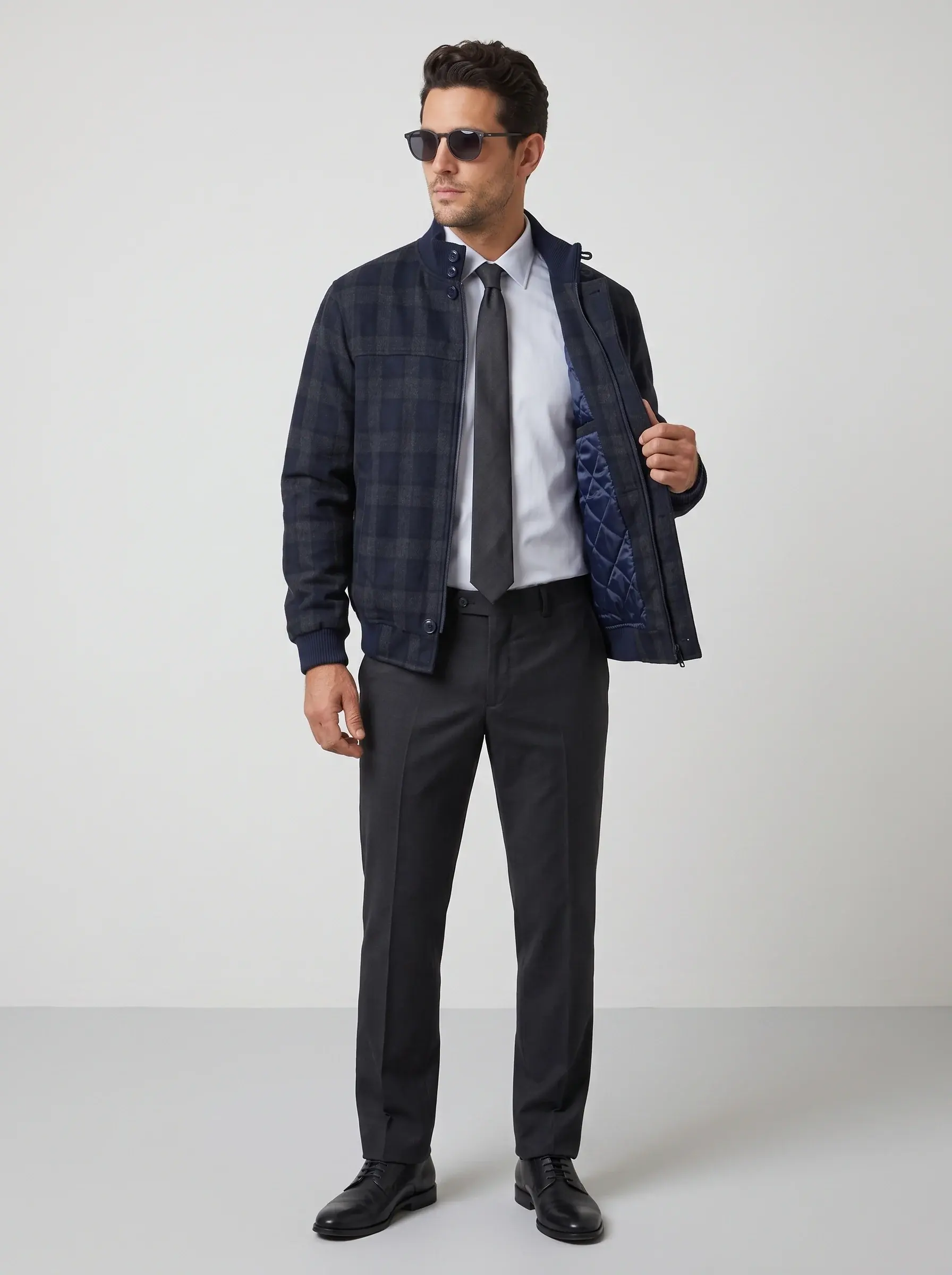Check Bomber Jacket — worn open, styled with sunglasses
