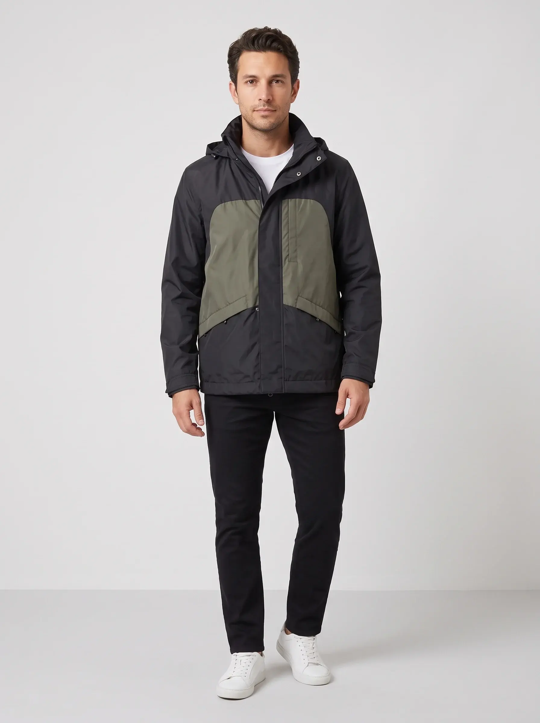 Colour-Block Hooded Jacket — full-length front view
