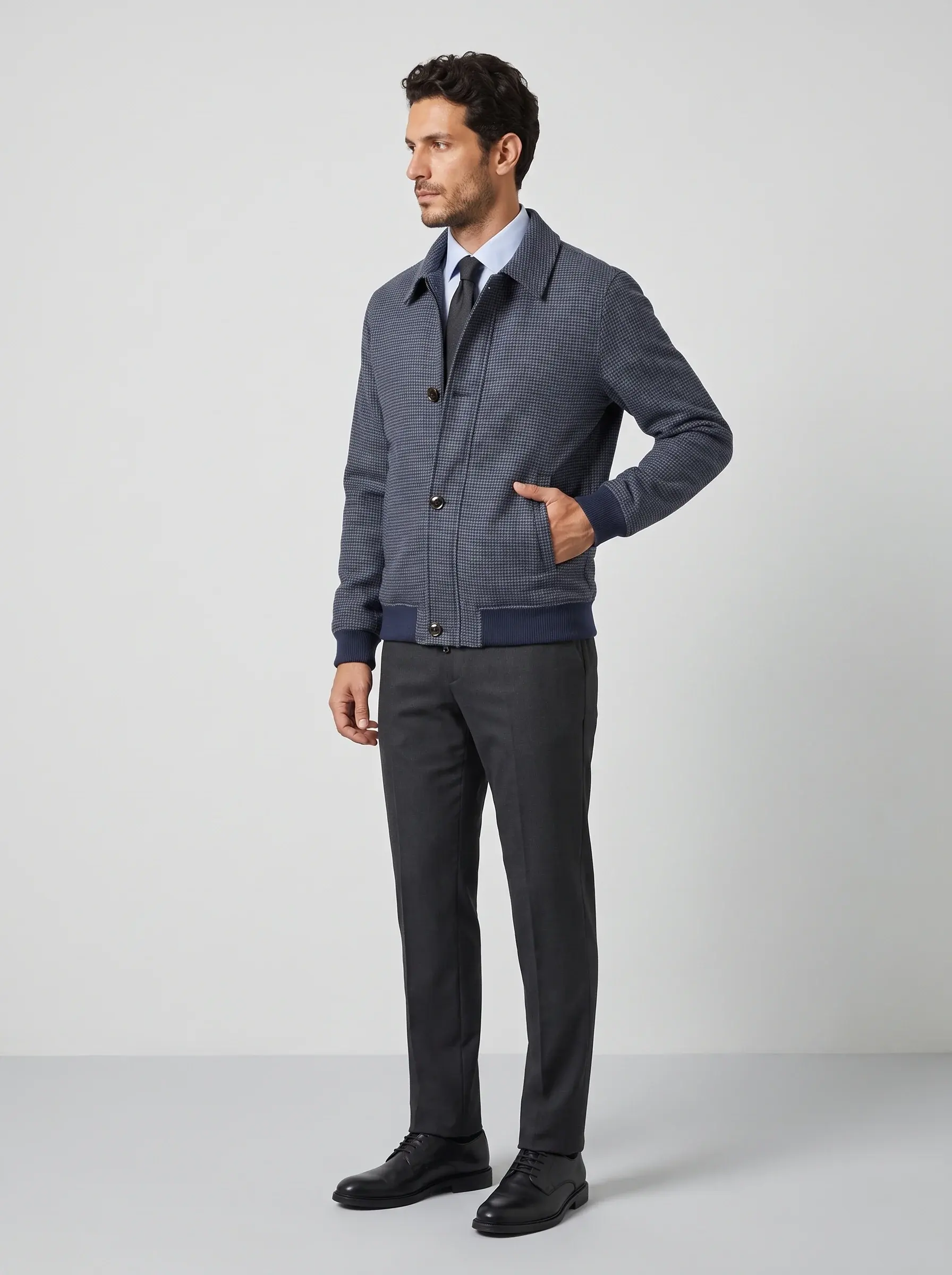 Houndstooth Harrington Jacket — three-quarter pose