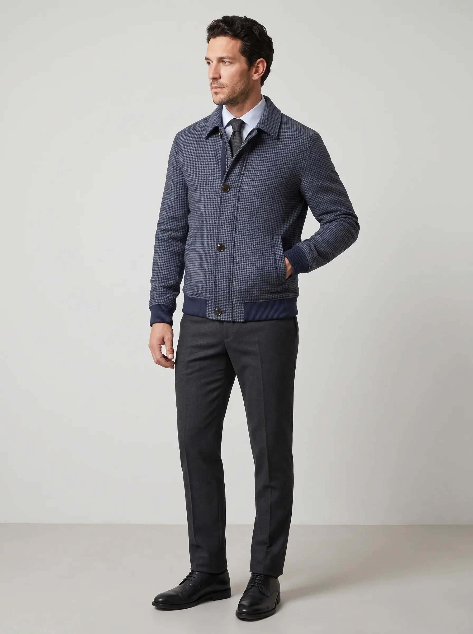 Houndstooth Harrington Jacket — hands in pockets