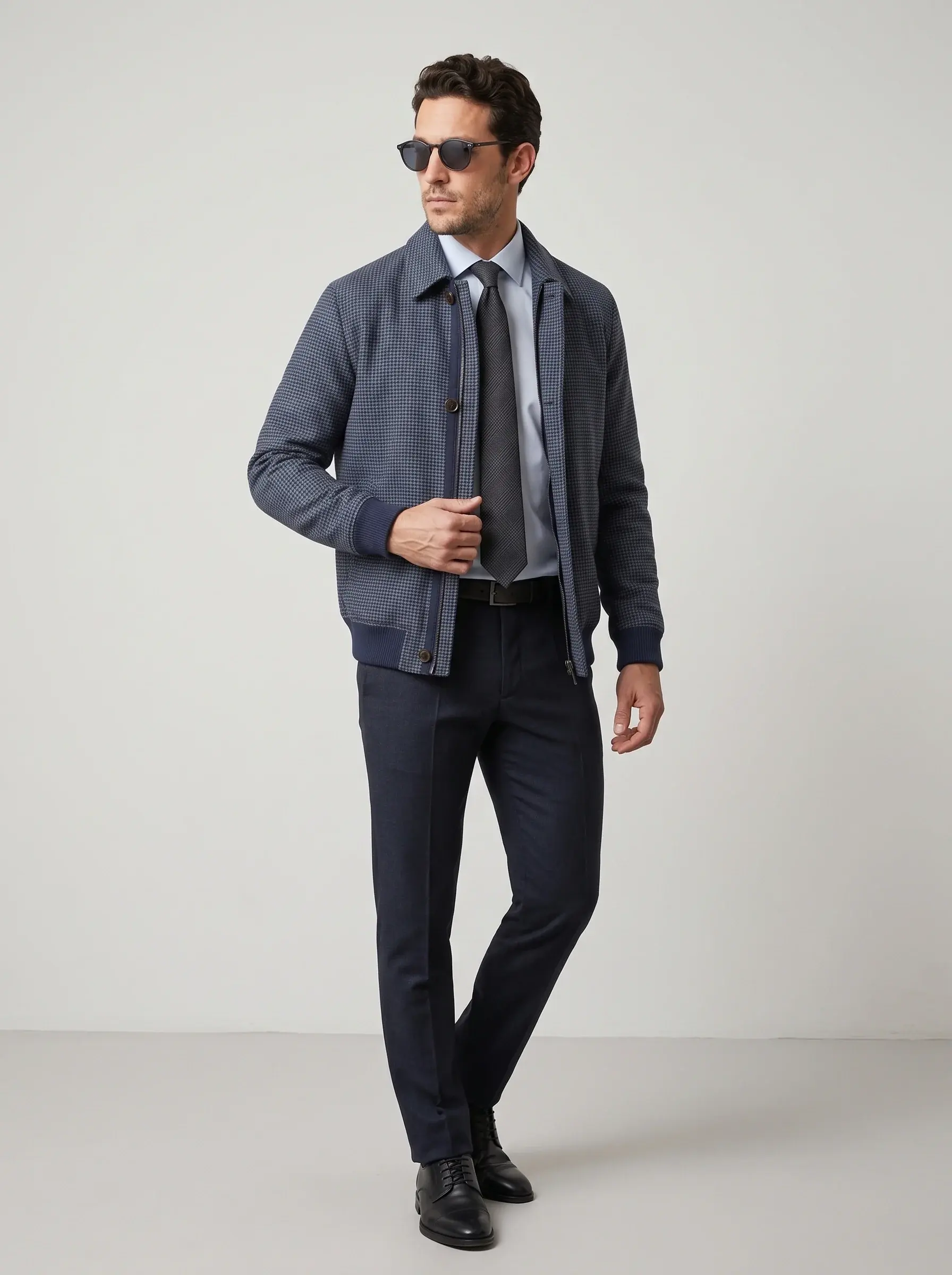 Houndstooth Harrington Jacket — walking pose