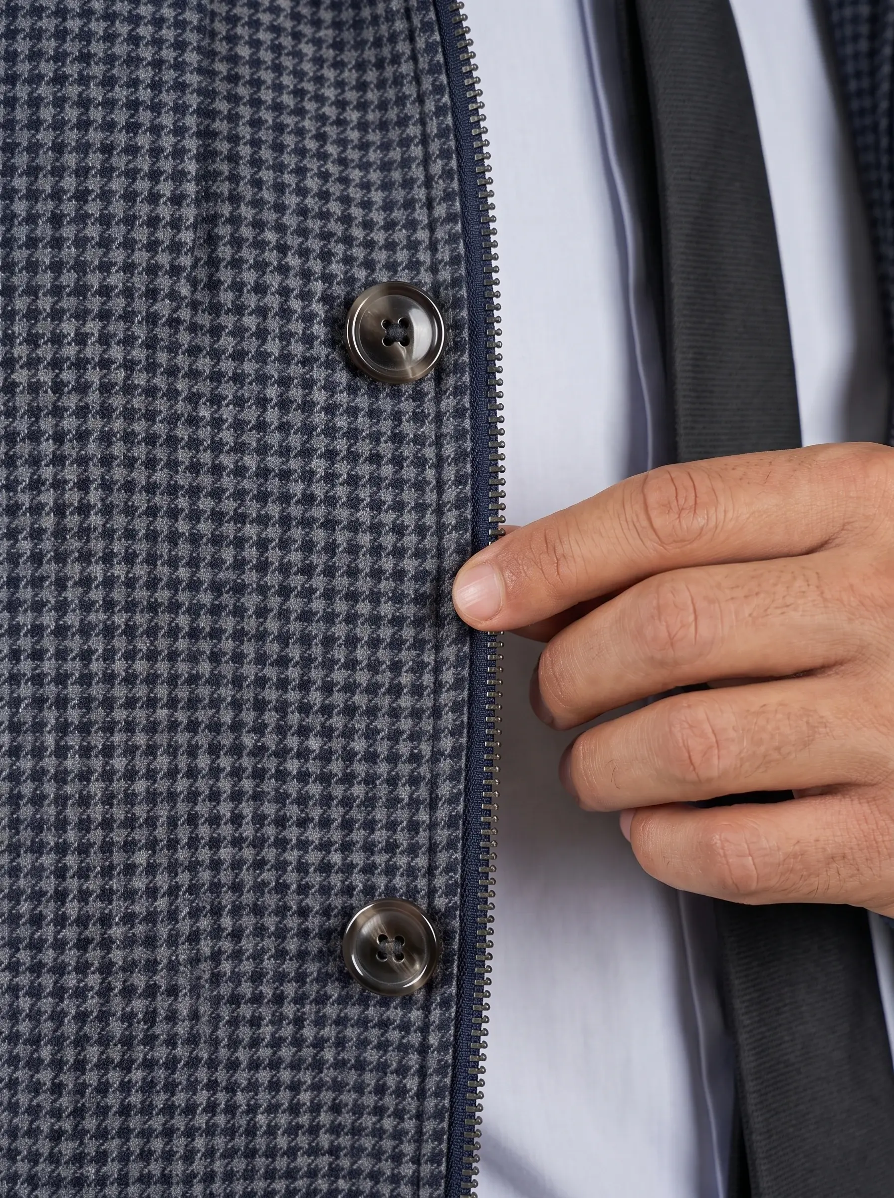 Houndstooth Harrington Jacket — button placket detail